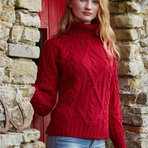 Aran Crafts Ireland Cable Knit Turtleneck Size S Merino Wool Ruby Red - Picture 3 of 9